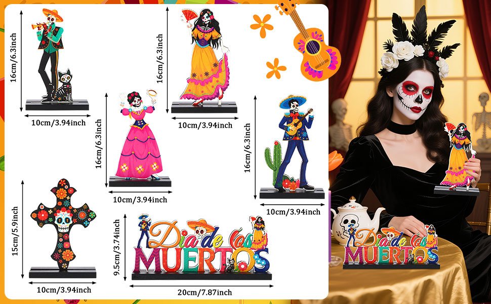 Day of the Dead centerpiece set with figures, a cross, and text, shown with dimensions and a model.