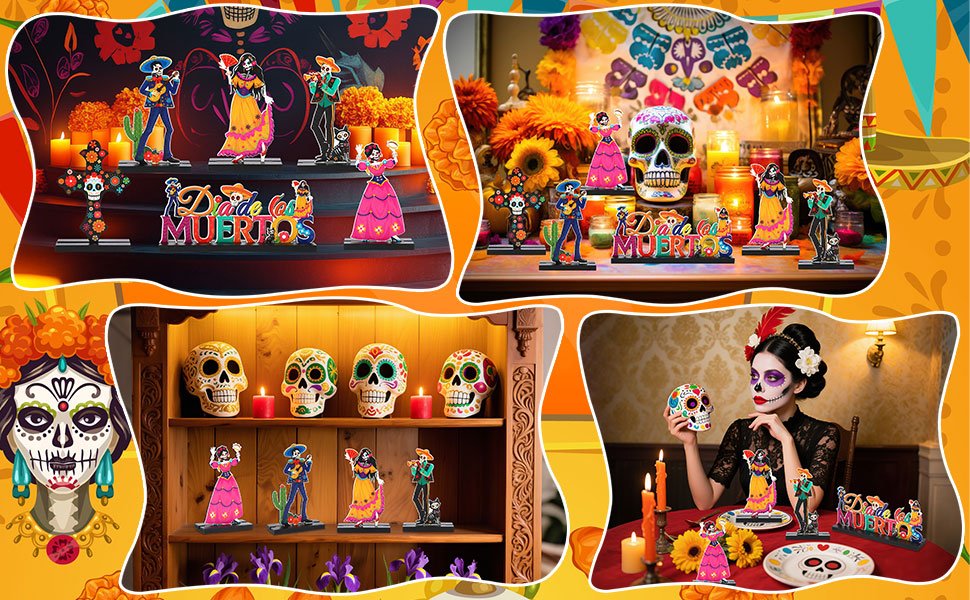 Collage of Day of the Dead decorations including sugar skulls, calacas figures, and festive banners.