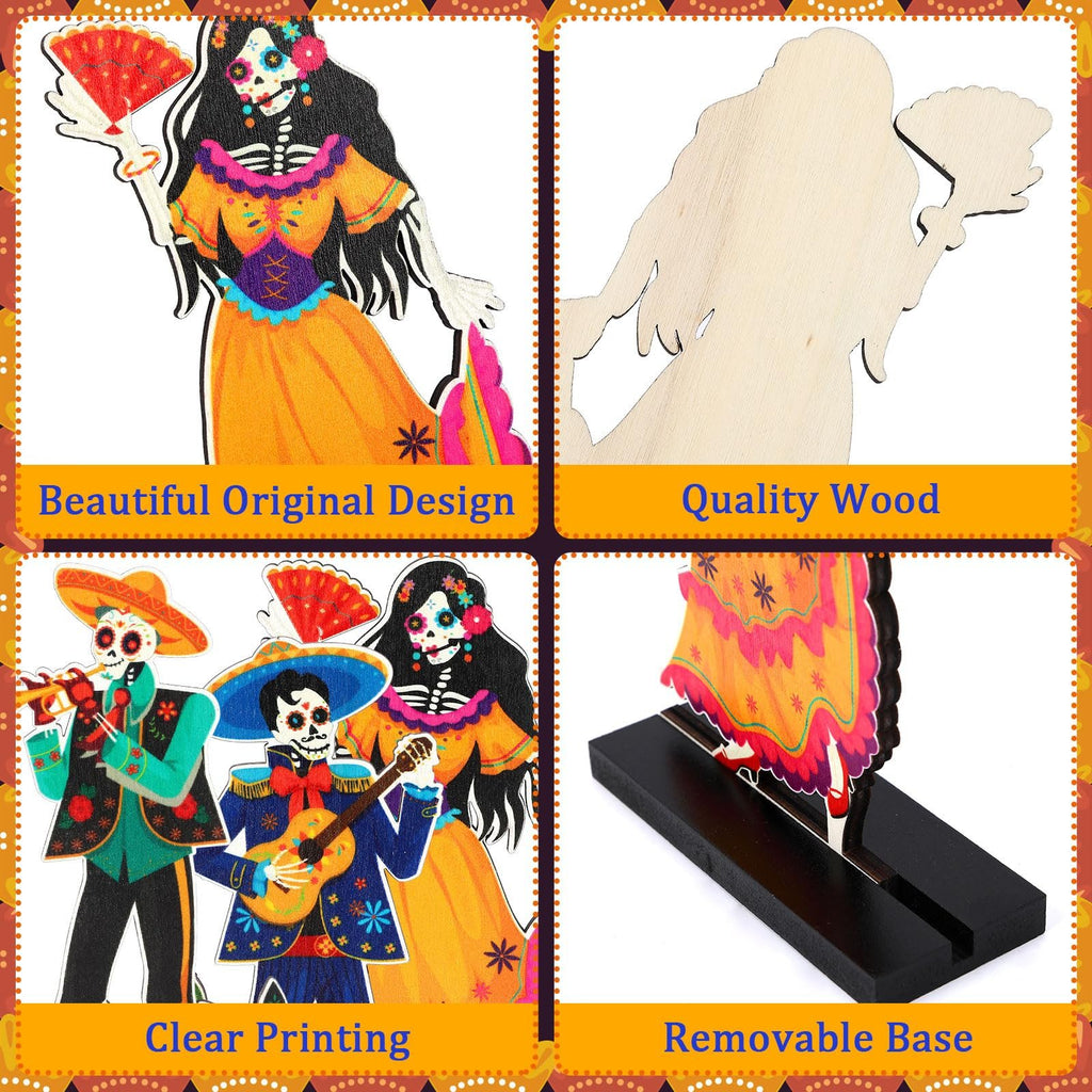 Day of the Dead wooden centerpiece set showing sugar skull figures and a removable base.