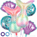 Mermaid tail and shell foil balloons with Happy Birthday text and two rolls of ribbon