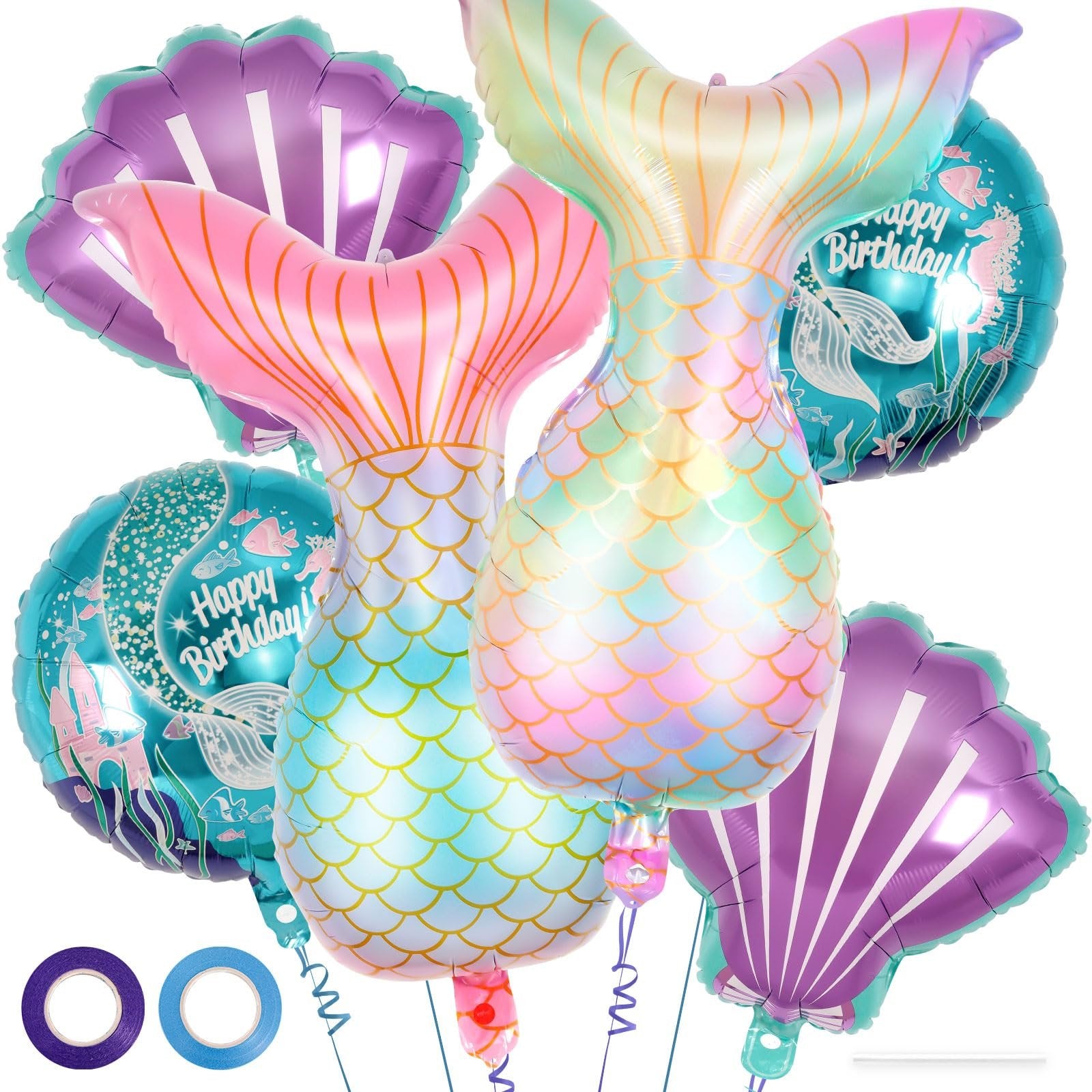 Mermaid tail and shell foil balloons with Happy Birthday text and two rolls of ribbon