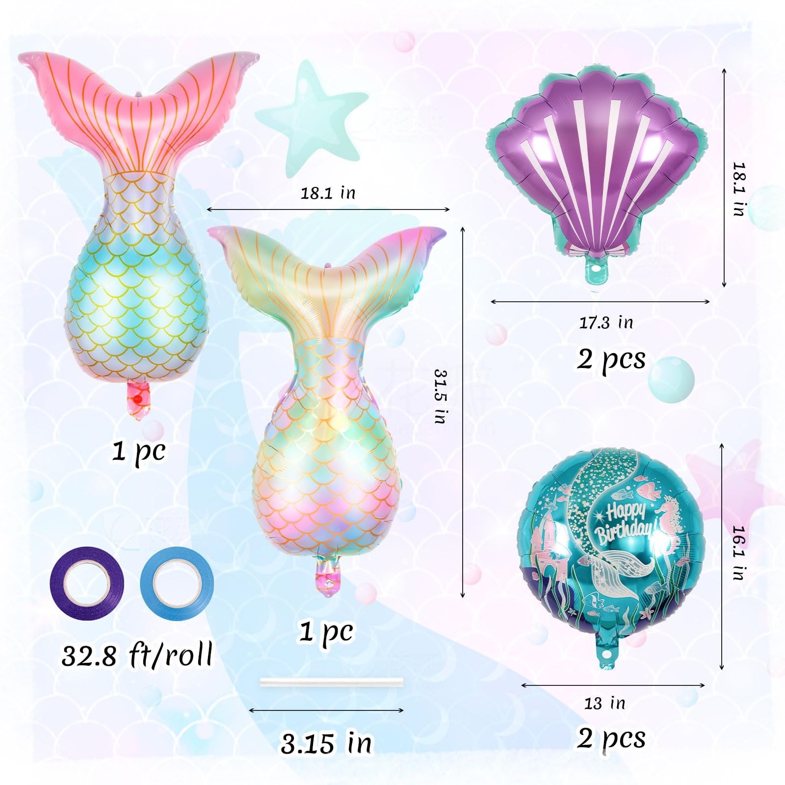 Mermaid tail, shell, and round balloons with dimensions and ribbon rolls shown. Includes a 'Happy Birthday' balloon.