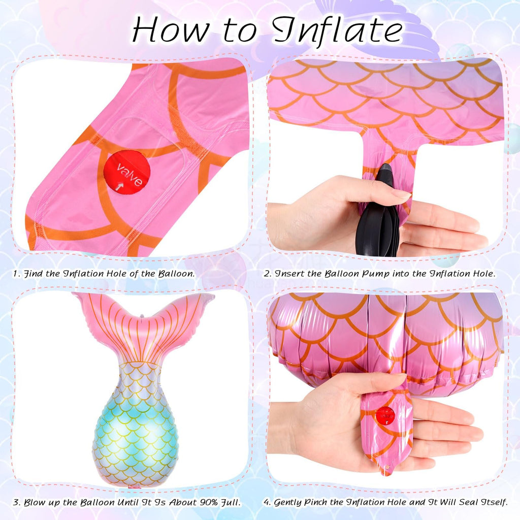 Four-panel diagram showing how to inflate a mermaid tail balloon.
