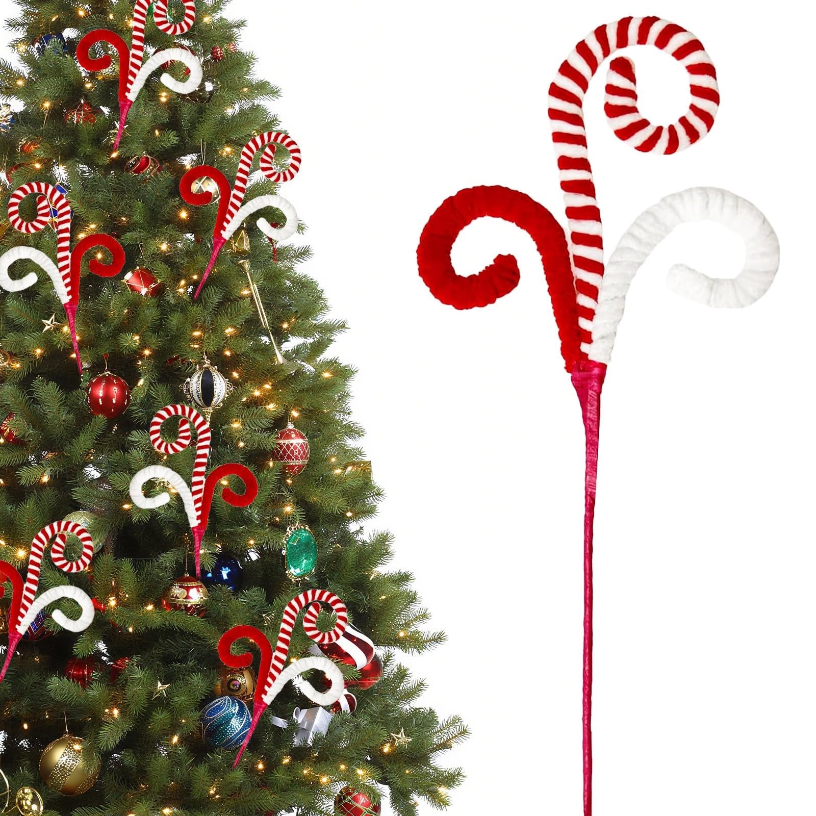 Christmas tree decorated with red and white candy cane picks and ornaments. A close-up of two candy cane picks on a white background.