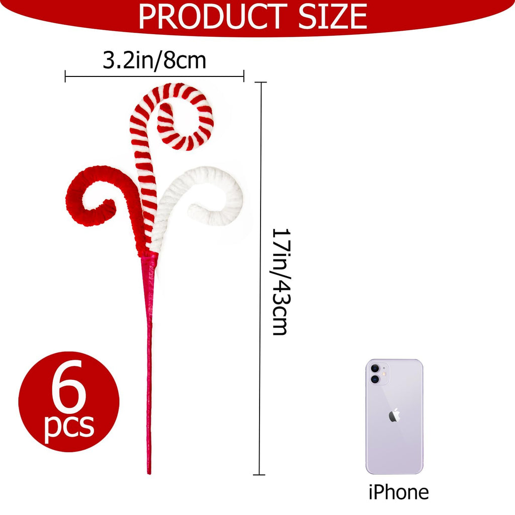 Christmas tree picks shaped like candy canes, with size dimensions and a count of 6 pcs shown.