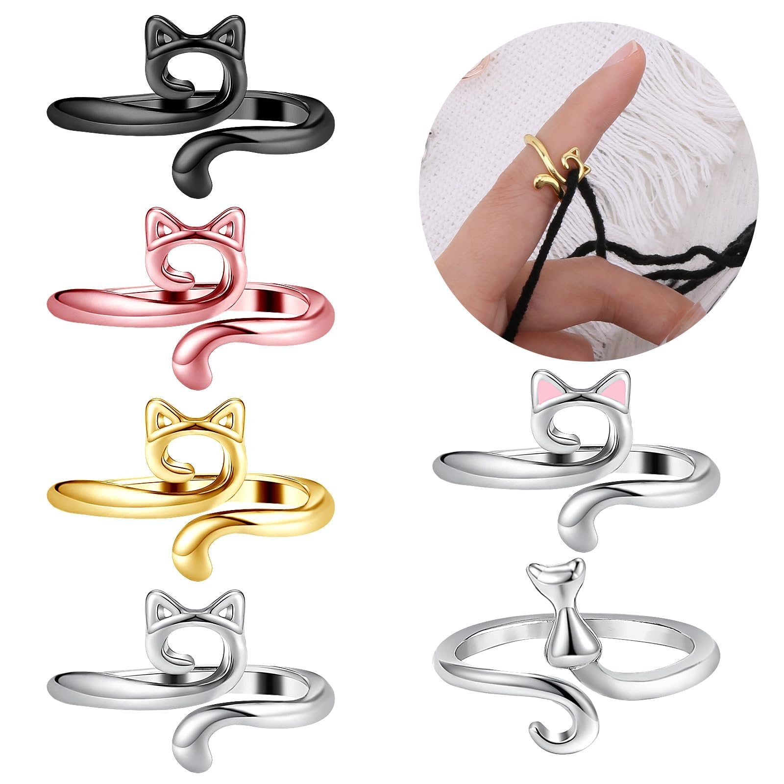 Six cat-shaped adjustable metal crochet rings in black, rose gold, gold, and silver, with one ring shown on a finger holding yarn.
