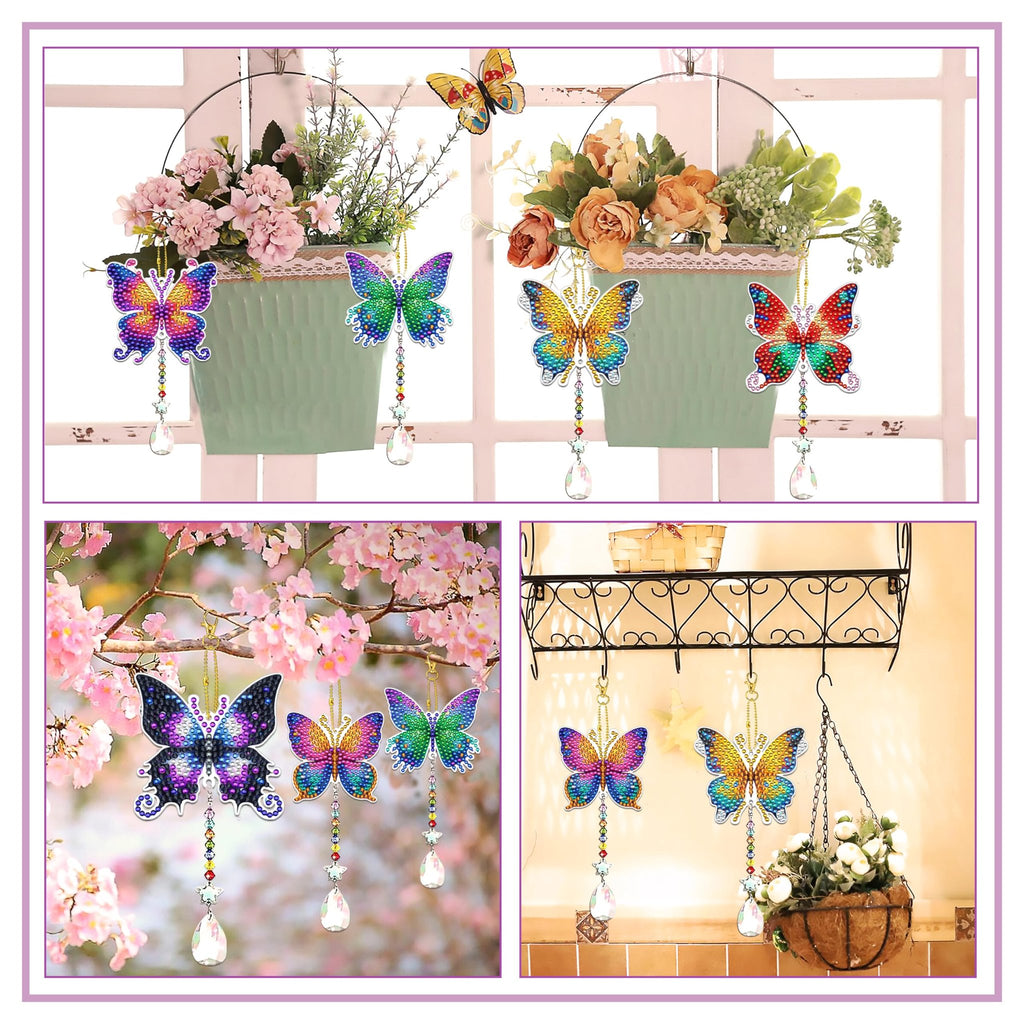 Diamond art butterfly suncatcher wind chimes with crystal drops hanging near flowers and on a shelf