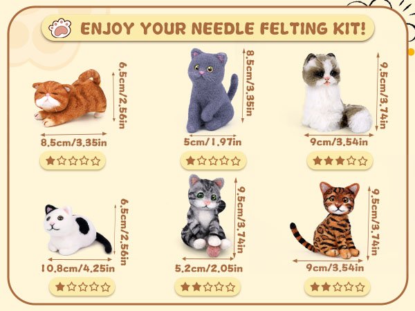 Six needle-felted cat figures with dimensions and star ratings displayed below each.