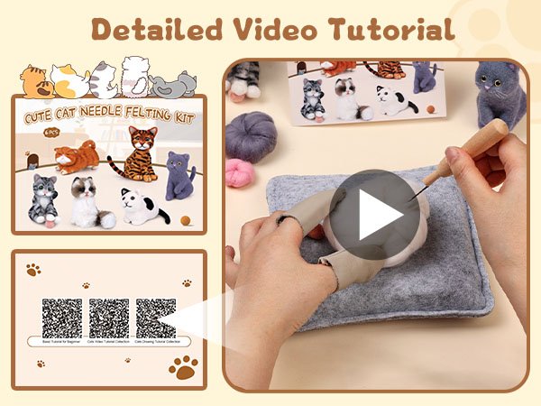 Cat needle felting kit contents and demonstration of crafting a felted cat head