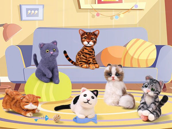 Six needle-felted cat figures arranged on a rug in front of a couch, with cartoonish decor.
