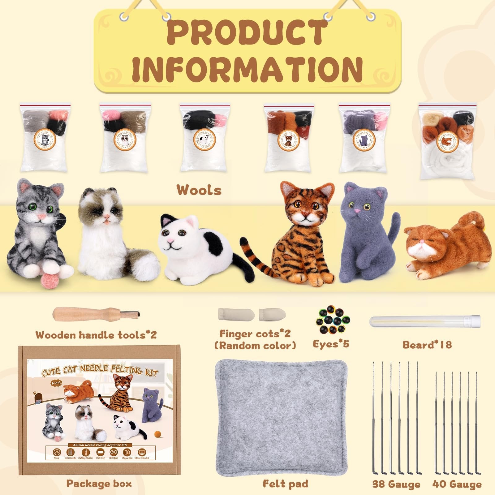 Cat needle felting kit contents including wools, finished felt cats, tools, eyes, and felt pad.
