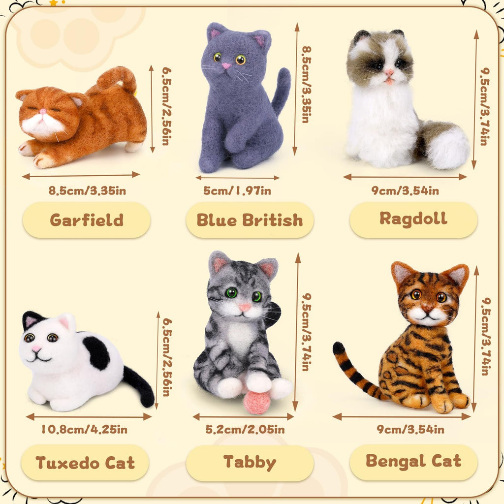 Six needle-felted cat figures with dimensions and breed names: Garfield, Blue British, Ragdoll, Tuxedo Cat, Tabby, and Bengal Cat.
