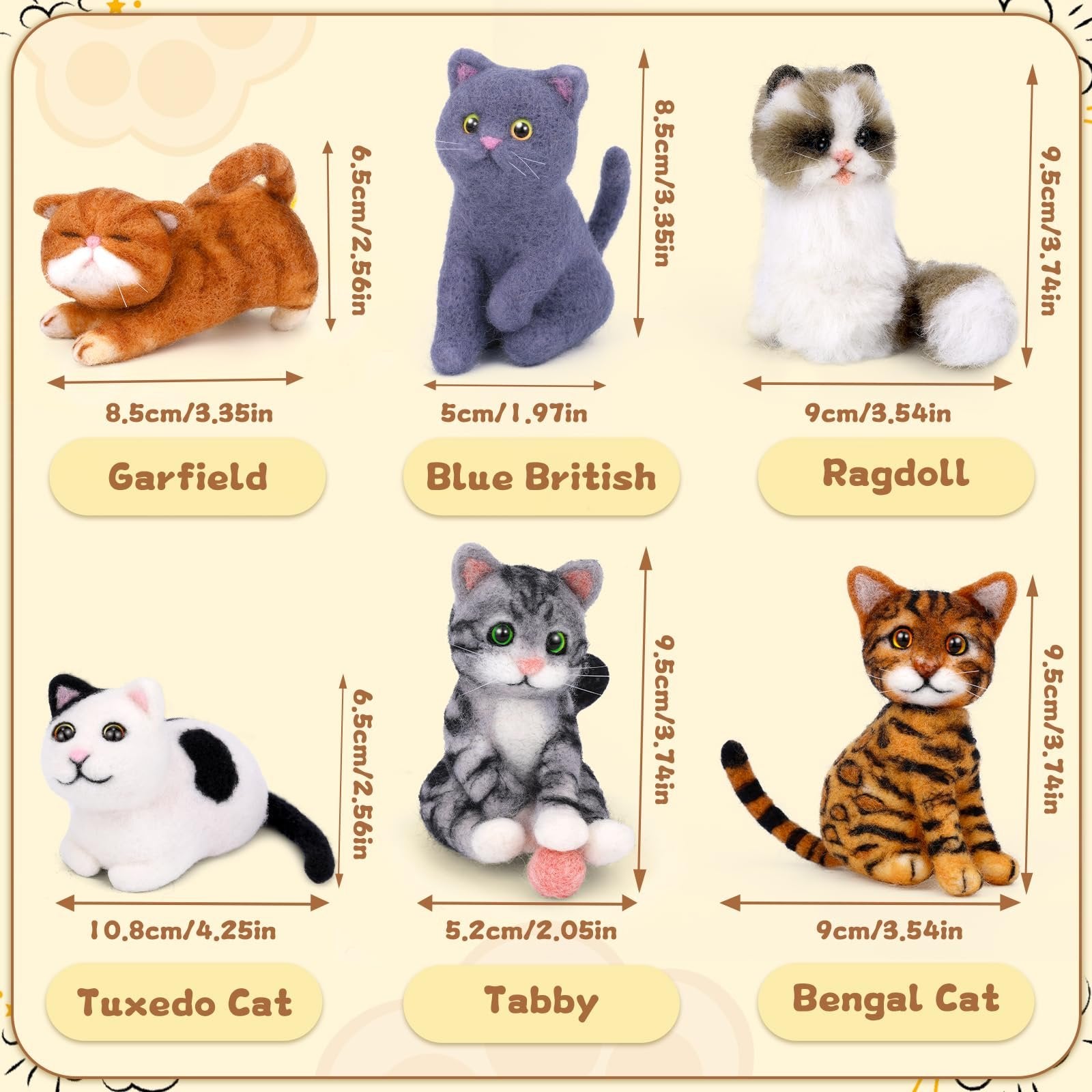 Six needle-felted cat figures with dimensions and breed names: Garfield, Blue British, Ragdoll, Tuxedo Cat, Tabby, and Bengal Cat.