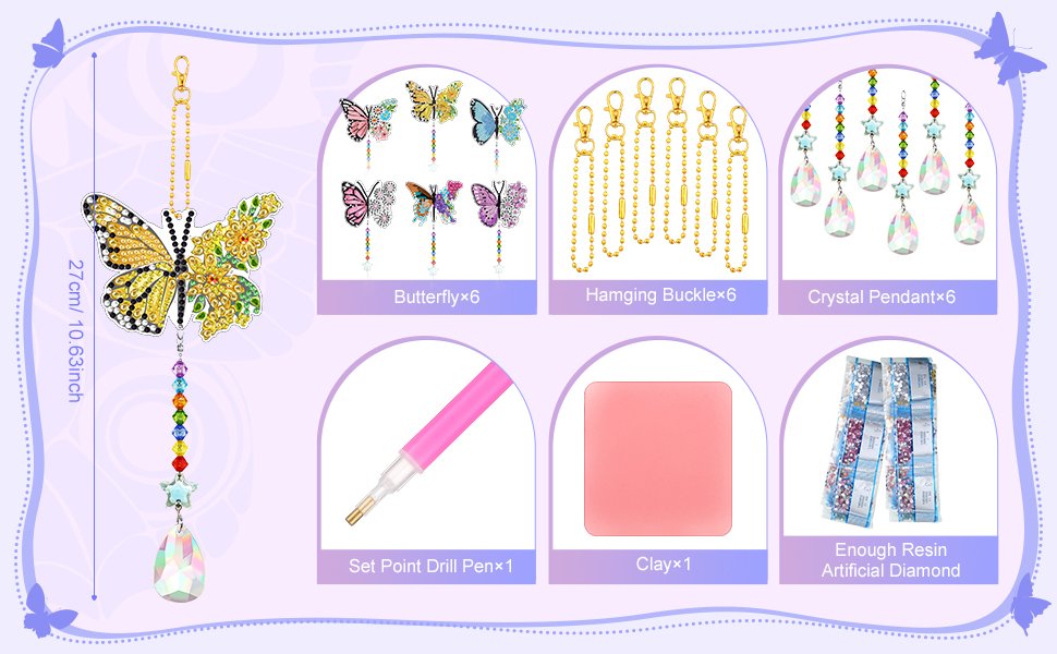 Diamond painting butterfly wind chime kit contents including butterflies, buckles, pendants, drill pen, clay, and resin diamonds.
