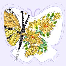 Diamond painting butterfly wind chime suncatcher art kit with yellow and black rhinestones and green leaves.