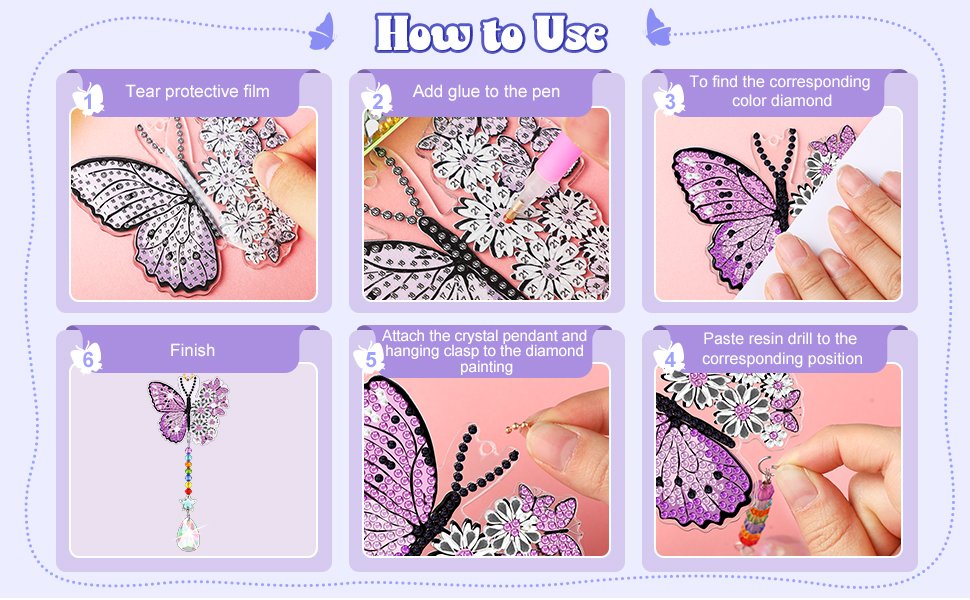 Diamond painting butterfly wind chime kit instructions showing 6 steps from tearing film to finishing.