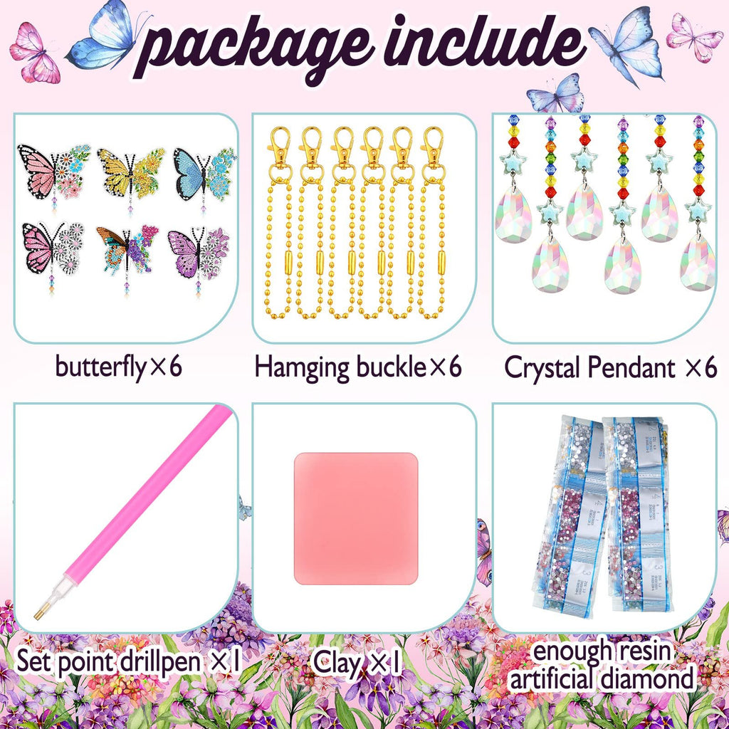Diamond painting wind chime suncatcher art kit contents: butterfly designs, hanging buckles, crystal pendants, drill pen, clay, and resin diamonds.