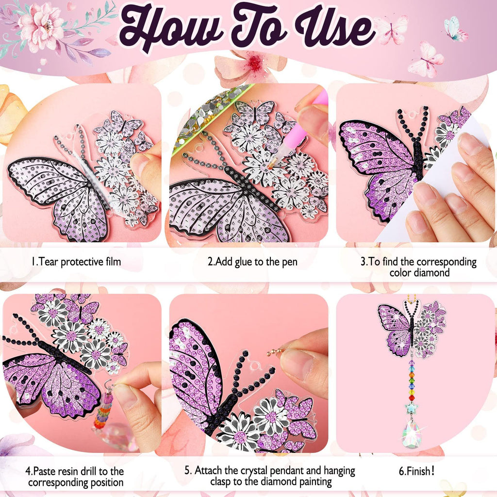 Collage showing six steps to create a diamond painting butterfly wind chime suncatcher.