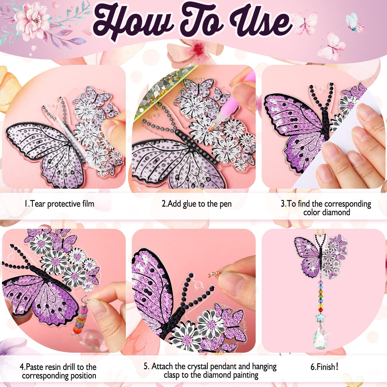 Collage showing six steps to create a diamond painting butterfly wind chime suncatcher.