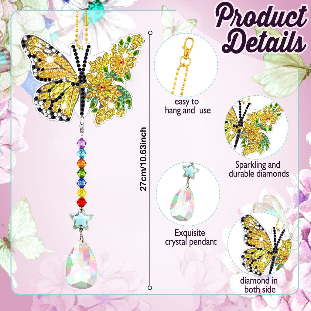 Diamond painting butterfly wind chime with crystal pendant and colorful beads, showing dimensions and details.