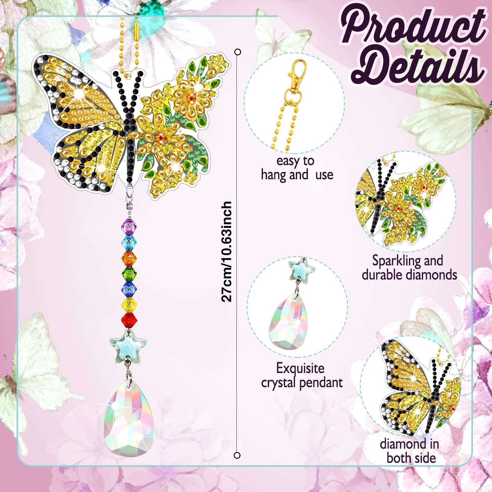 Diamond painting butterfly wind chime with crystal pendant and colorful beads, showing dimensions and details.