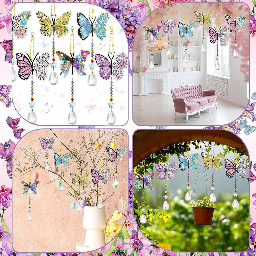 Diamond painting butterfly wind chimes with crystal drops hanging indoors and outdoors.