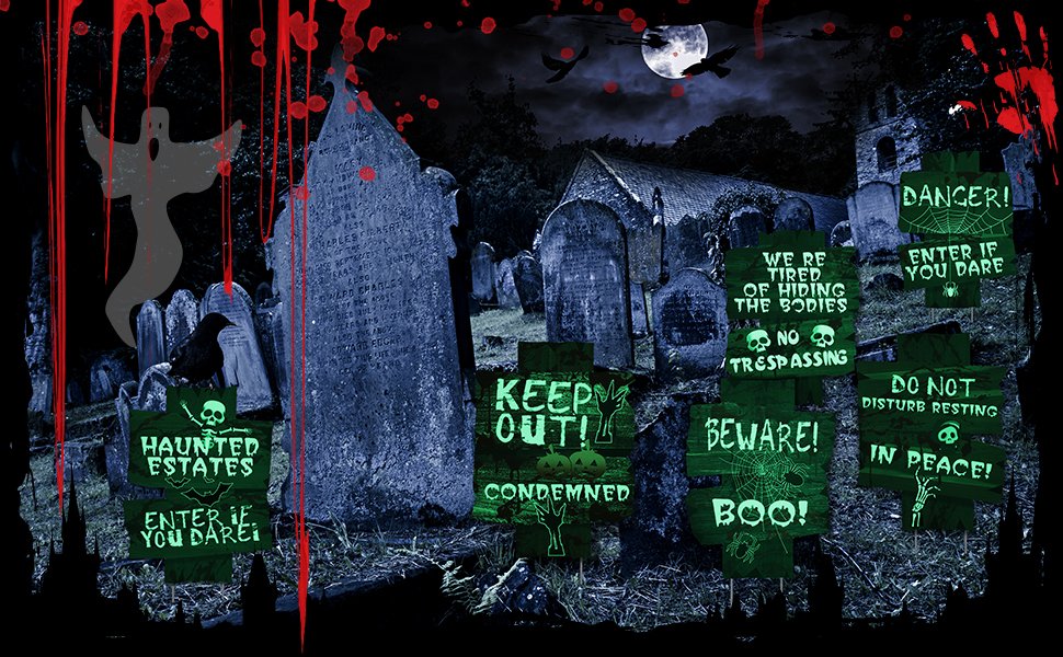 Halloween graveyard scene with glowing yard signs, tombstones, a church, and a full moon.
