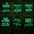 Six glow-in-the-dark Halloween yard signs with spooky messages and graphics, displayed on a grassy lawn.