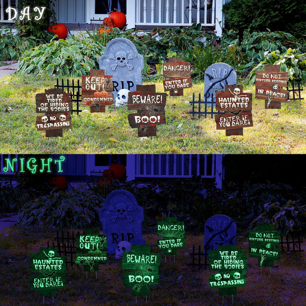 Halloween yard signs with spooky messages displayed in front of a house during the day and night, showing glow-in-the-dark effect.