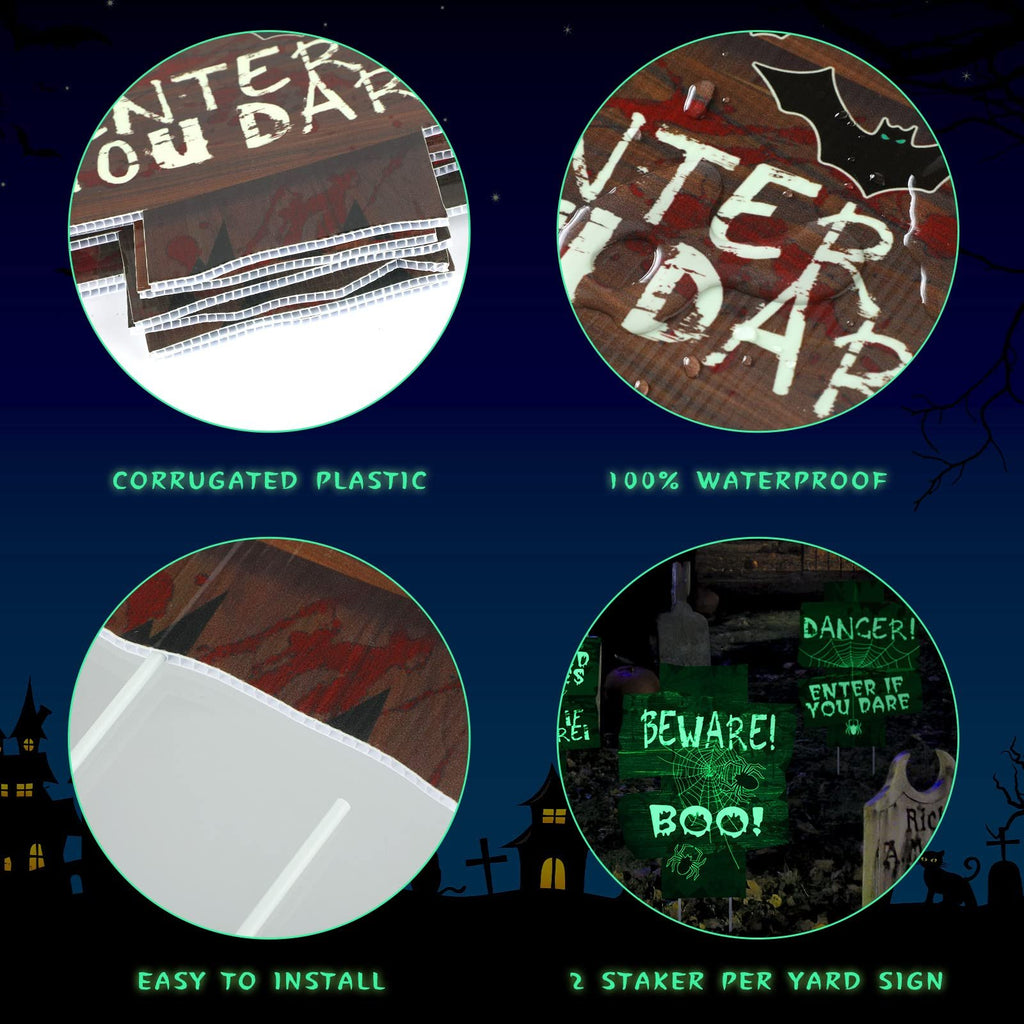 Collage of Halloween yard signs showing corrugated plastic, waterproof features, and various spooky messages like 'Beware!' and 'Danger!'