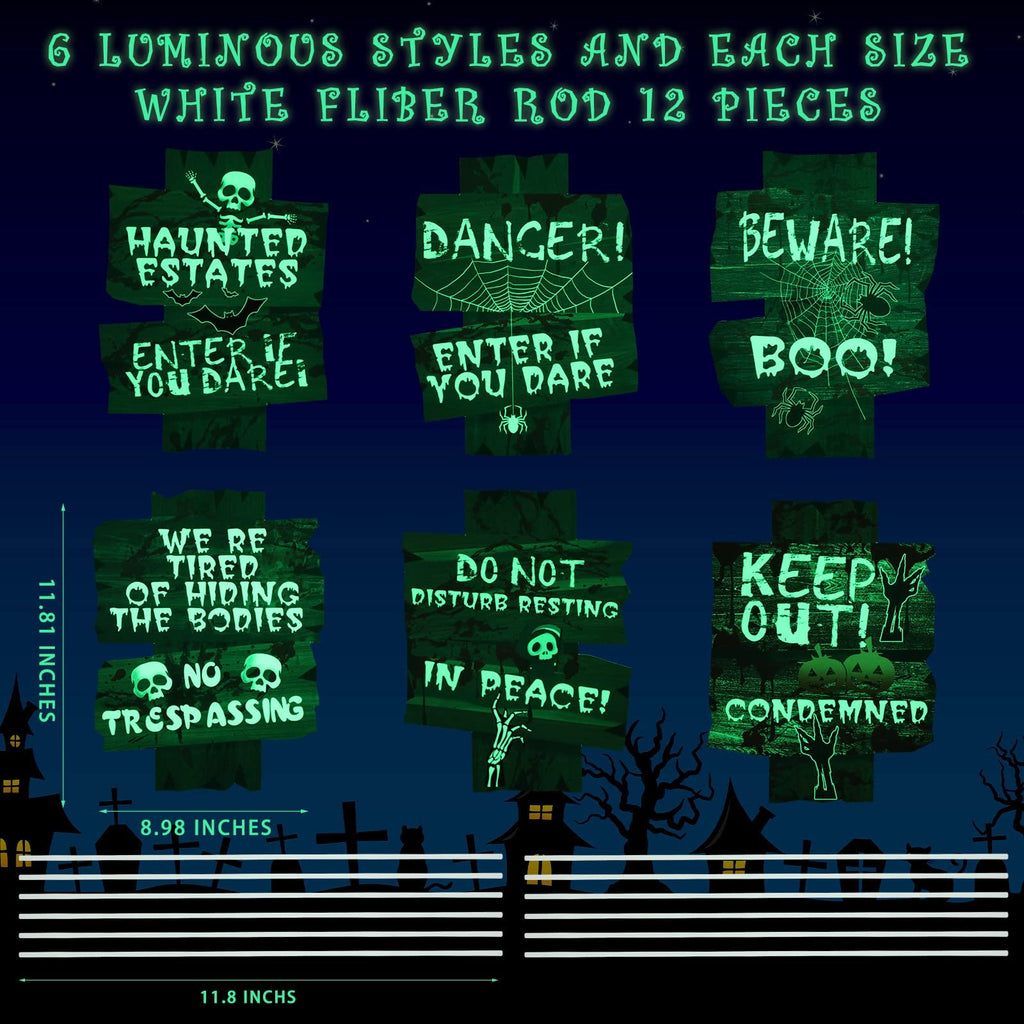 Six glow-in-the-dark Halloween yard signs with spooky messages and graphics, displayed against a dark night sky with haunted house silhouettes.