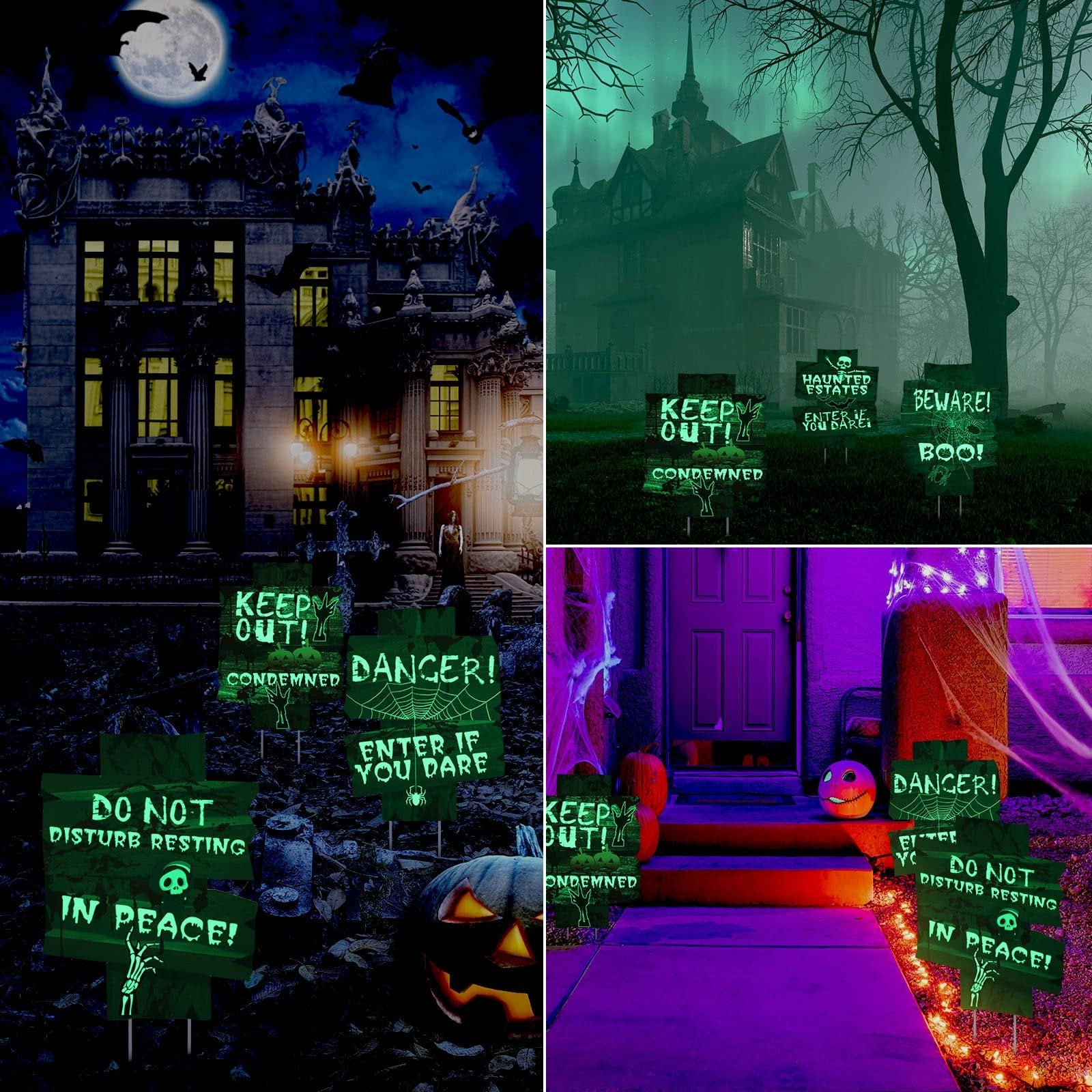 Collage of Halloween yard signs with spooky messages like 'Keep Out!' and 'Danger!' displayed in various outdoor settings.