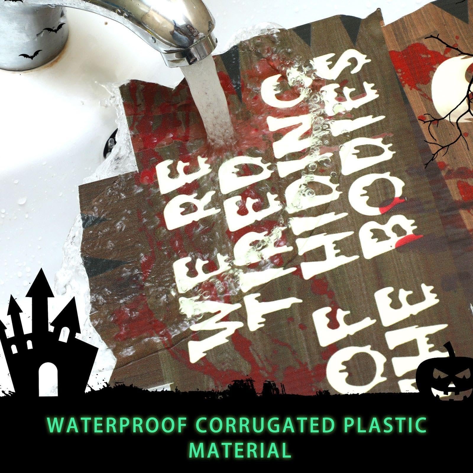 Halloween yard sign with text 'WE READ THE BODIES' being washed under a faucet, showing blood splatters and a pumpkin graphic.