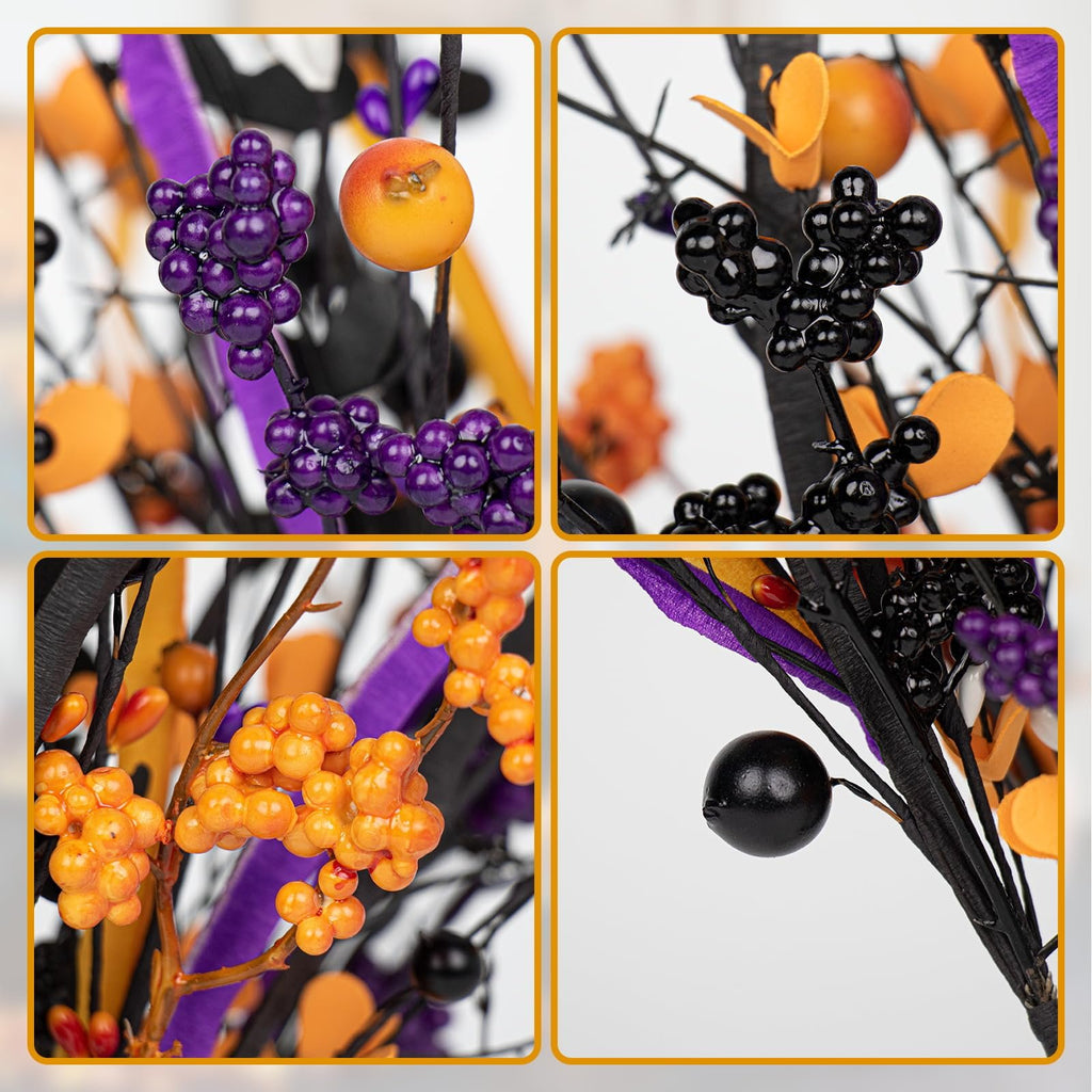 Close-up collage of artificial Halloween floral picks showing purple, black, and orange berries and decorative elements on black stems.