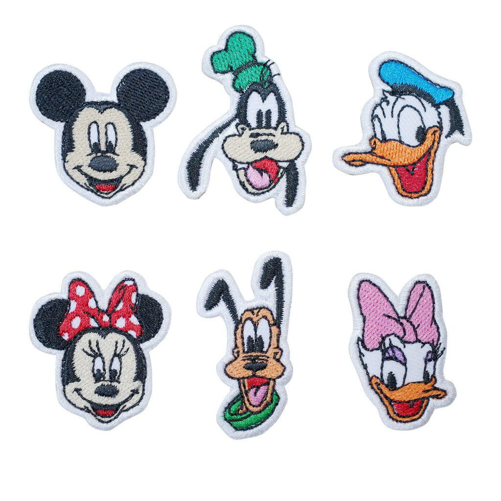 Six cartoon character iron-on patches: Mickey Mouse, Minnie Mouse, Goofy, Donald Duck, Daisy Duck, and Pluto.