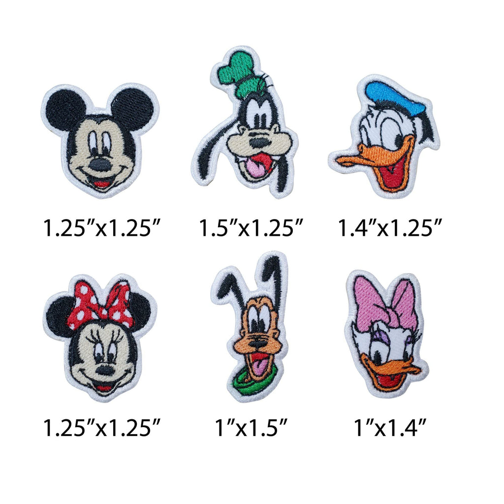Six cartoon character iron-on patches arranged in two rows with their dimensions listed below each patch.