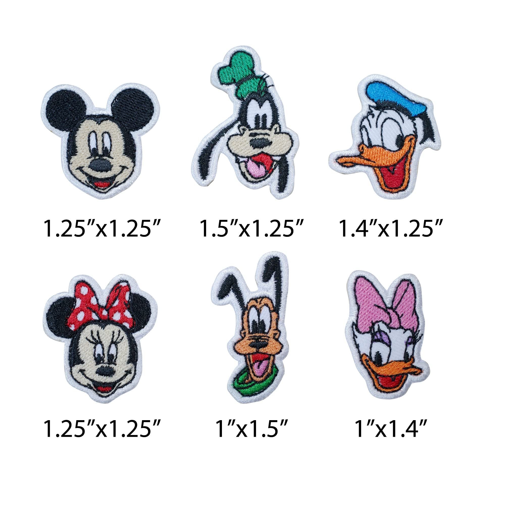 Six cartoon character iron-on patches arranged in two rows with their dimensions listed below each patch.