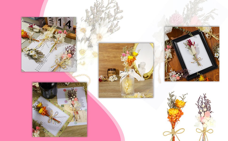 Collage of mini dried flower bouquets arranged in various settings, including on paper, in a frame, and in a vase.