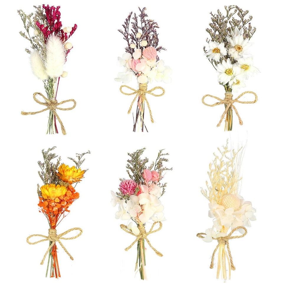 Six mini bouquets of assorted dried flowers tied with twine, displayed against a white background.