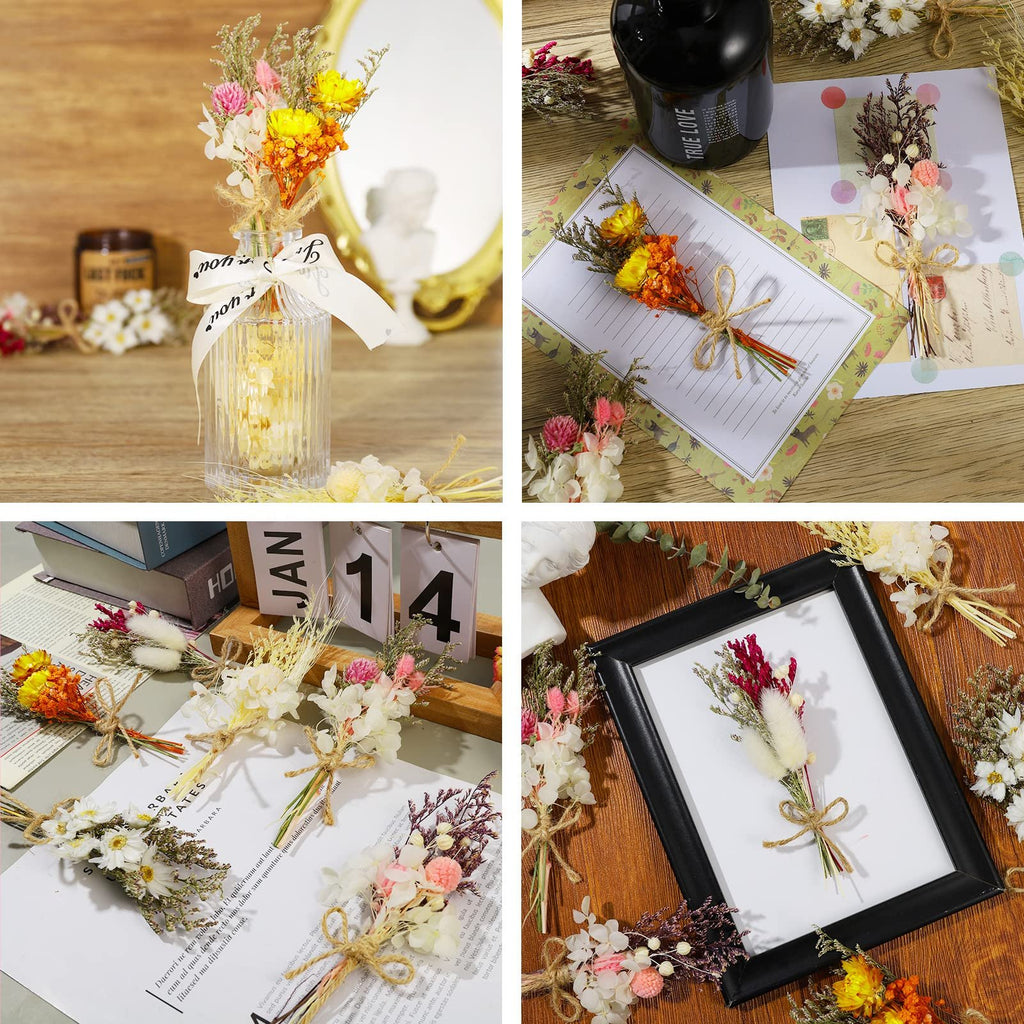 Collage of four images showing mini dried flower bouquets arranged in various settings, including a vase, on paper, and near a picture frame.