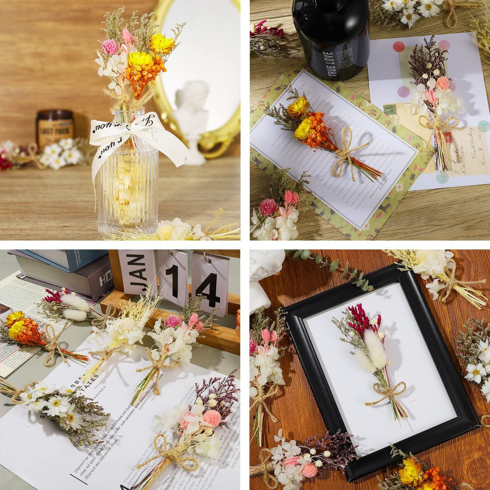 Collage of four images showing mini dried flower bouquets arranged in various settings, including a vase, on paper, and near a picture frame.
