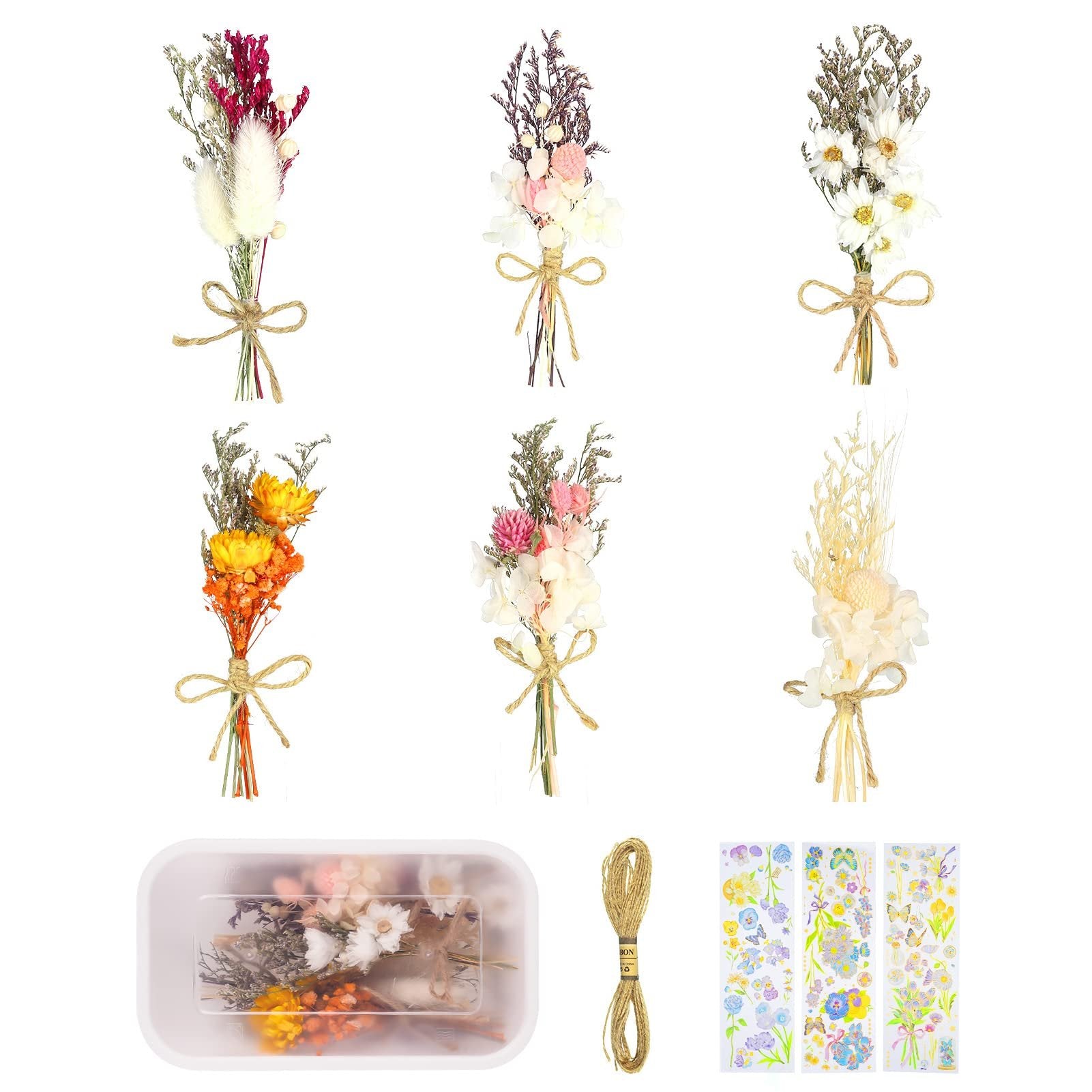 Six mini dried flower bouquets, twine, flower stickers, and a clear container of dried flowers on a white background.