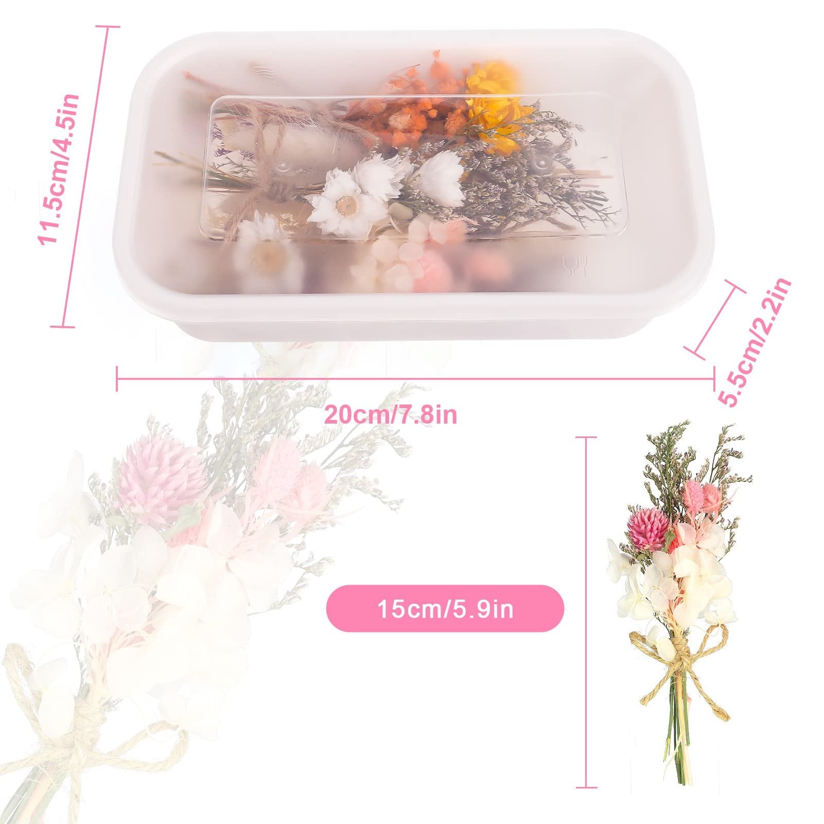 Mixed dried flowers bouquet in a clear plastic container with size dimensions indicated.