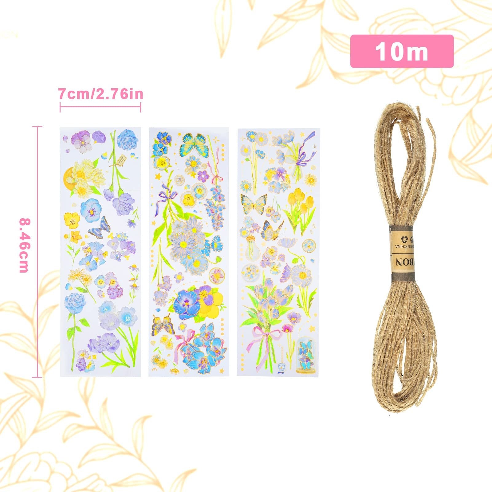 Three sheets of floral stickers and a spool of hemp rope on a white background with decorative gold leaf overlay.
