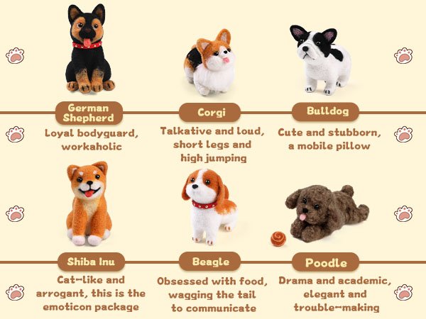 Six needle-felted dog figures with breed names and descriptions below each.