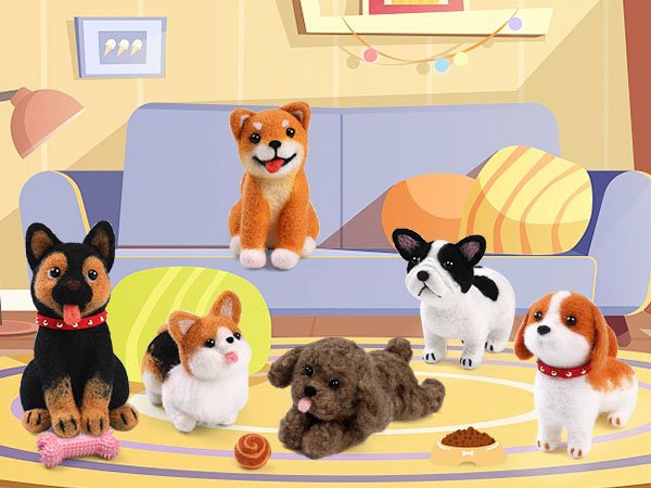 Six needle-felted dog figures arranged on a rug in a living room setting with a couch and lamp.