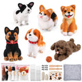 Six needle-felted dogs and craft supplies including wool, needles, and tools, arranged on a white background.