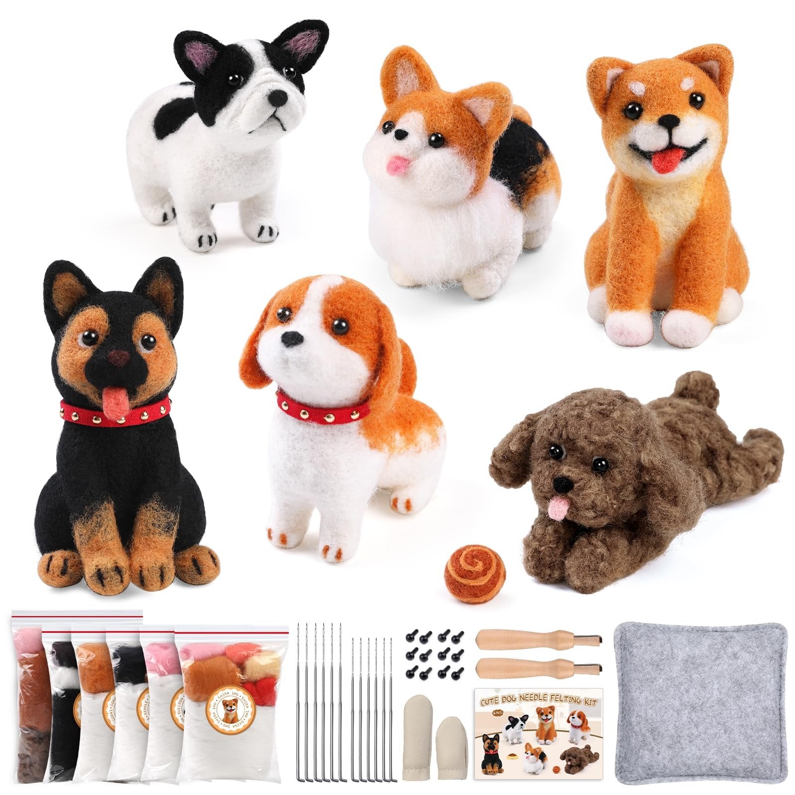 Six needle-felted dogs and craft supplies including wool, needles, and tools, arranged on a white background.