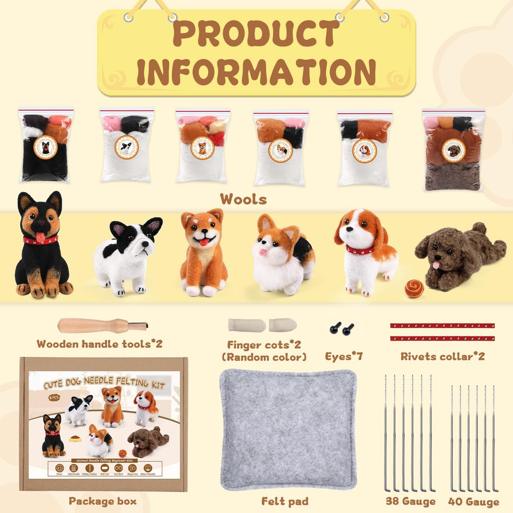 Needle felting kit contents including wools, finished dog figures, tools, and felt pad.