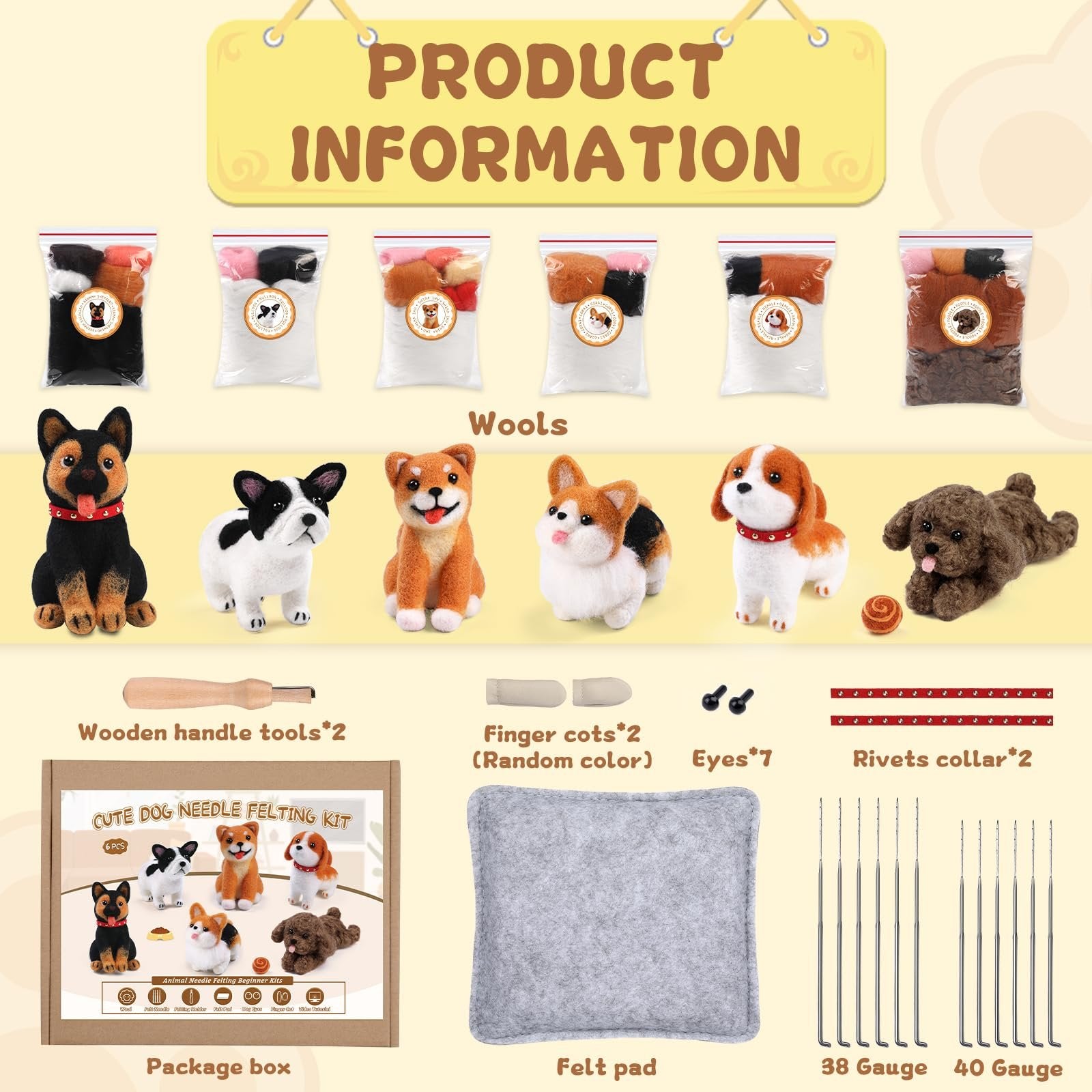 Needle felting kit contents including wools, finished dog figures, tools, and felt pad.